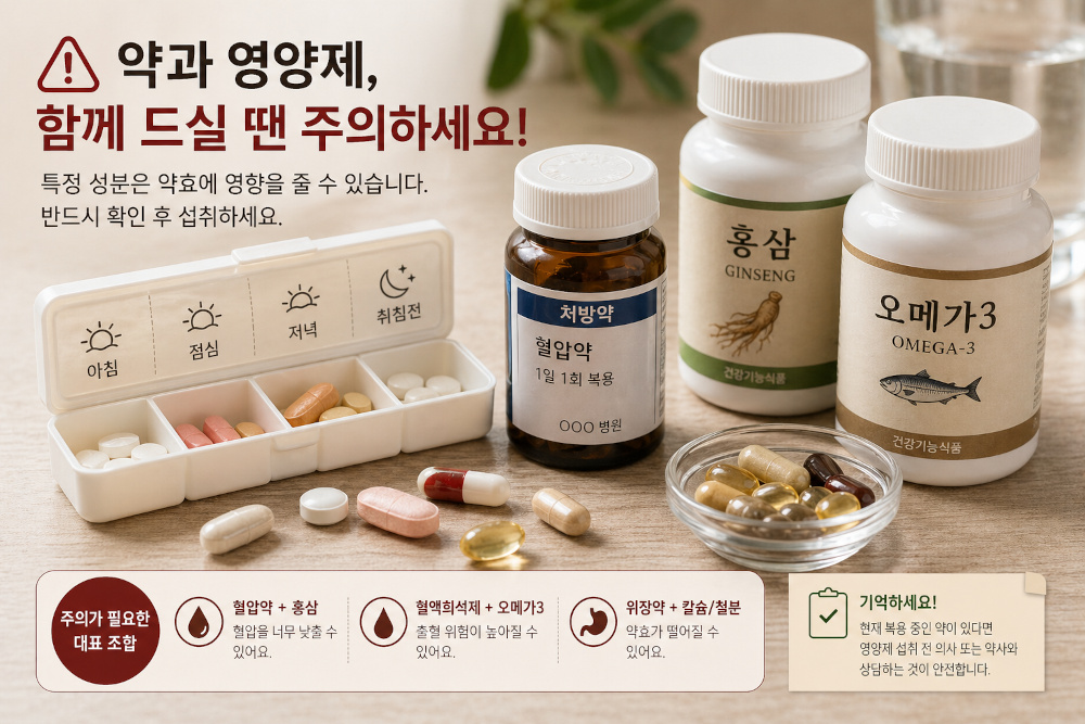 약통과 영양제를 함께 두고 비교하는 컷 — 약물 상호작용 체크 메시지