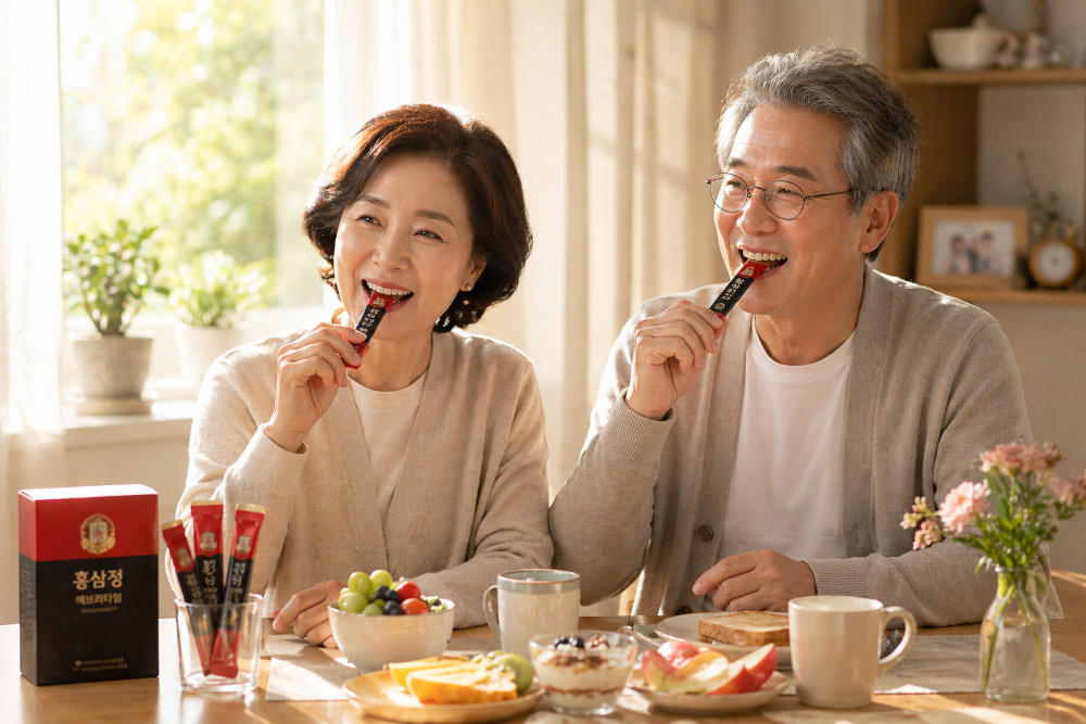 어머니가 아침에 스틱형 영양제를 한 포 뜯어서 드시는 일상 컷 — 가족 식탁 분위기
