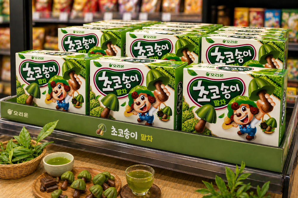 매장 진열대에서 초록 모자 송이가 줄지어 놓인 비주얼