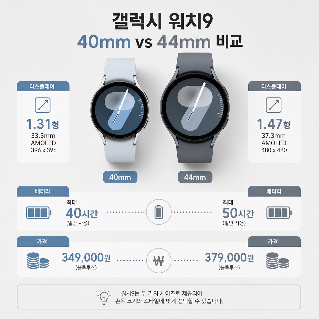 갤럭시 워치9 40mm 44mm 크기 스펙 비교 인포그래픽